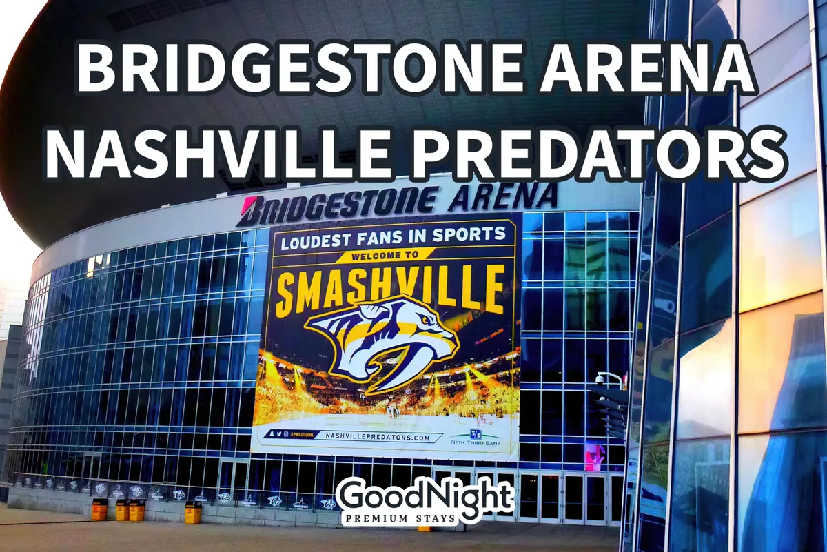 The iconic Bridgestone Arena in Nashville, proudly displaying banners and the Predators logo. Crowds gather for major events, from thrilling hockey games to concerts, creating an atmosphere of excitement and community.